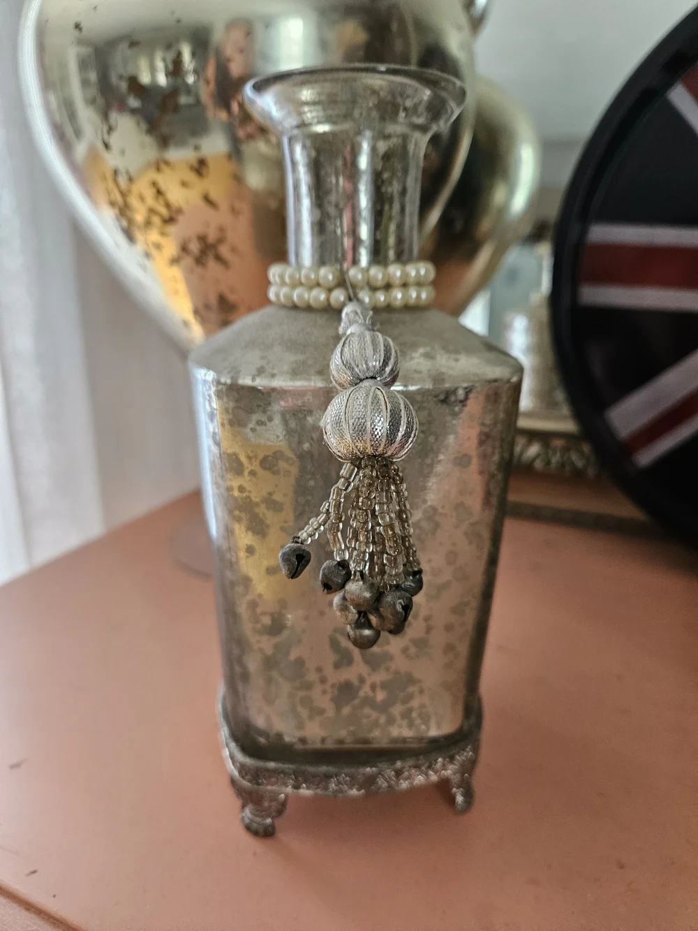Mercury Glass Decorative Vase with Pearl Necklace and Tassel